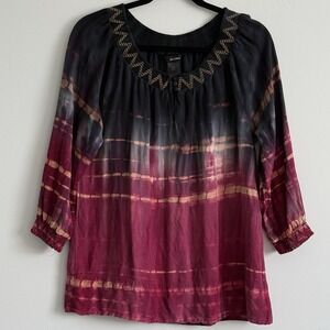 Ali Miles Blouse BOHO Comfort Stretch Beachy Artsy Smocked Sz Large Top‎